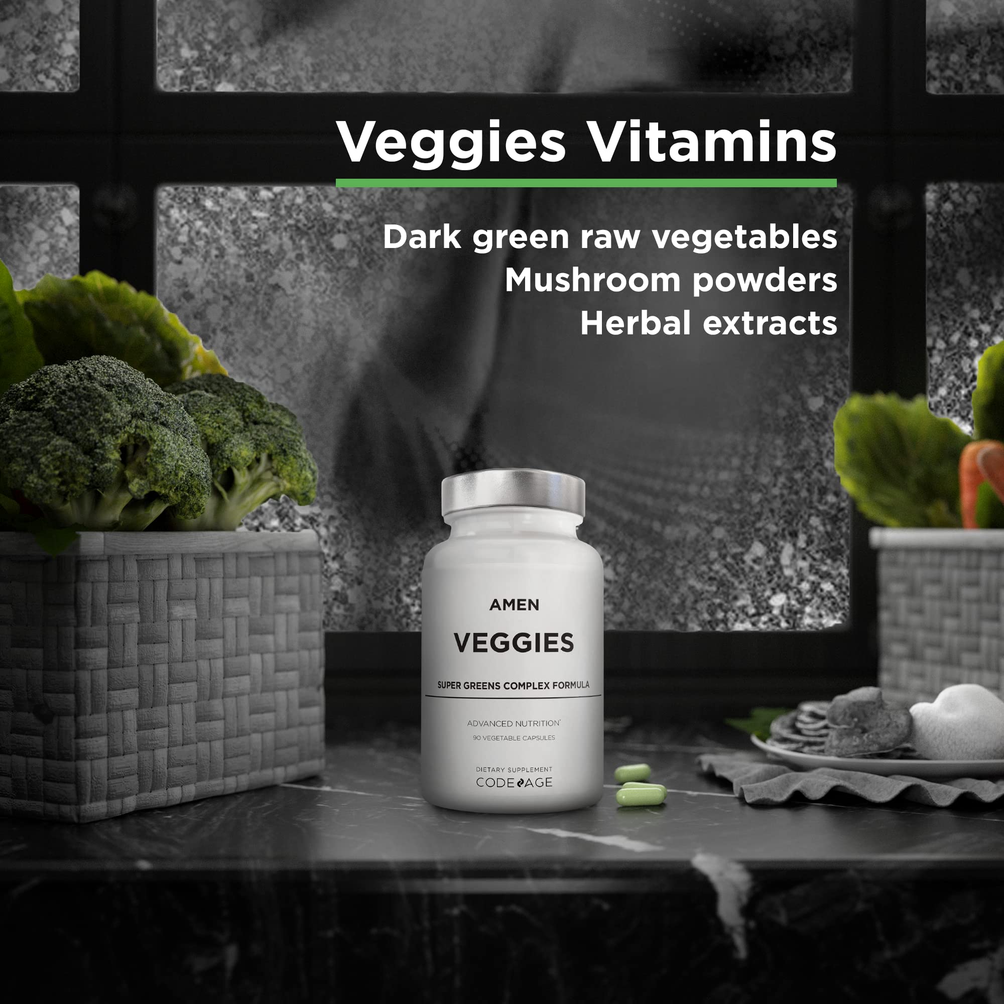 Amen Veggies, Daily Veggies Vitamins Supplement, Vegetables Vegan Blend & Whole-Food Raw Greens Multivitamin Capsules, Mushroom Complex, Superfood, Minerals, Green Vegetable Nutrients, Non-GMO, 90 ct - Image 3