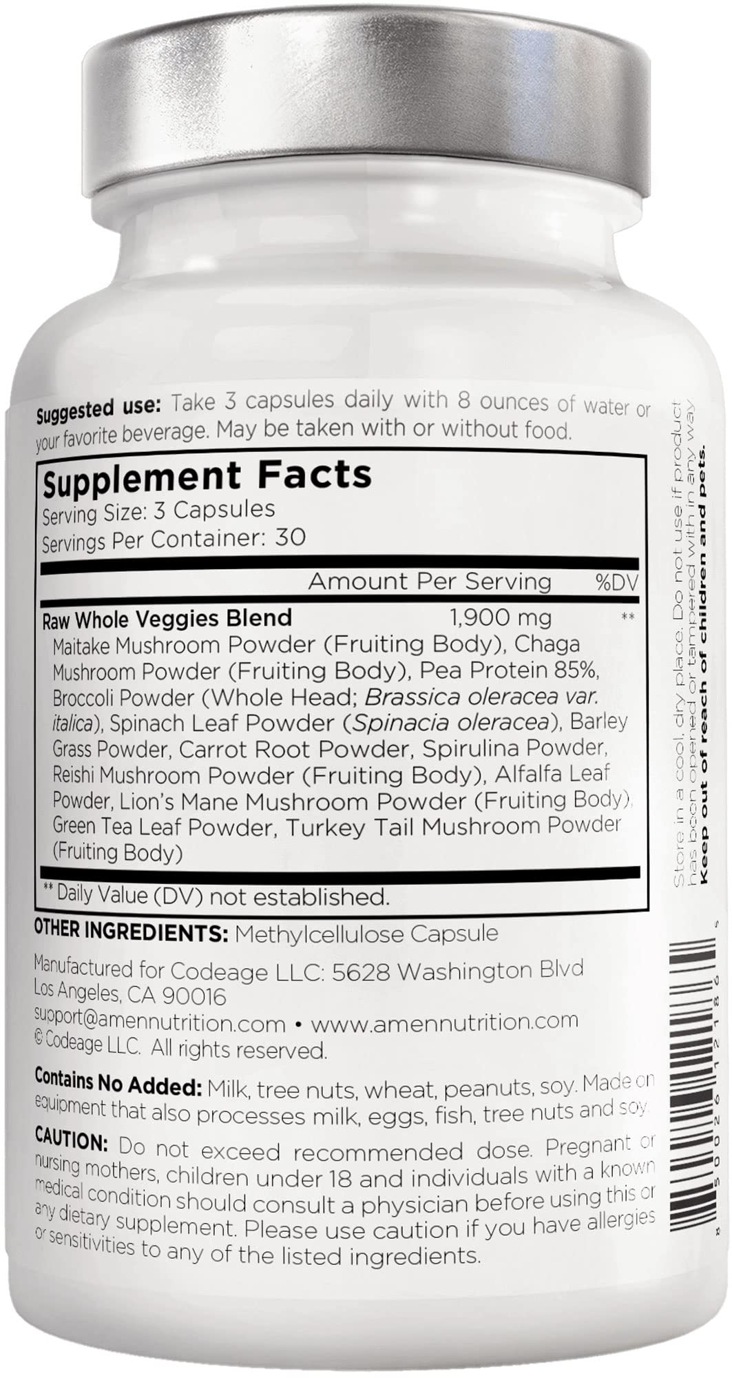 Amen Veggies, Daily Veggies Vitamins Supplement, Vegetables Vegan Blend & Whole-Food Raw Greens Multivitamin Capsules, Mushroom Complex, Superfood, Minerals, Green Vegetable Nutrients, Non-GMO, 90 ct - Image 4