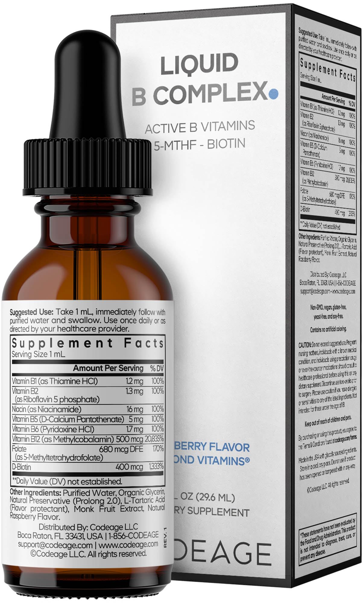 Codeage Liquid B-Complex Supplement with 8 Forms of Vitamin B - Vitamin Thiamine B1, Riboflavin B2, B3, B5, B6, Biotin B7, Active Methylated B9 Folate & B12 - Raspberry Flavor - Non-GMO - 1 fl oz - Image 9