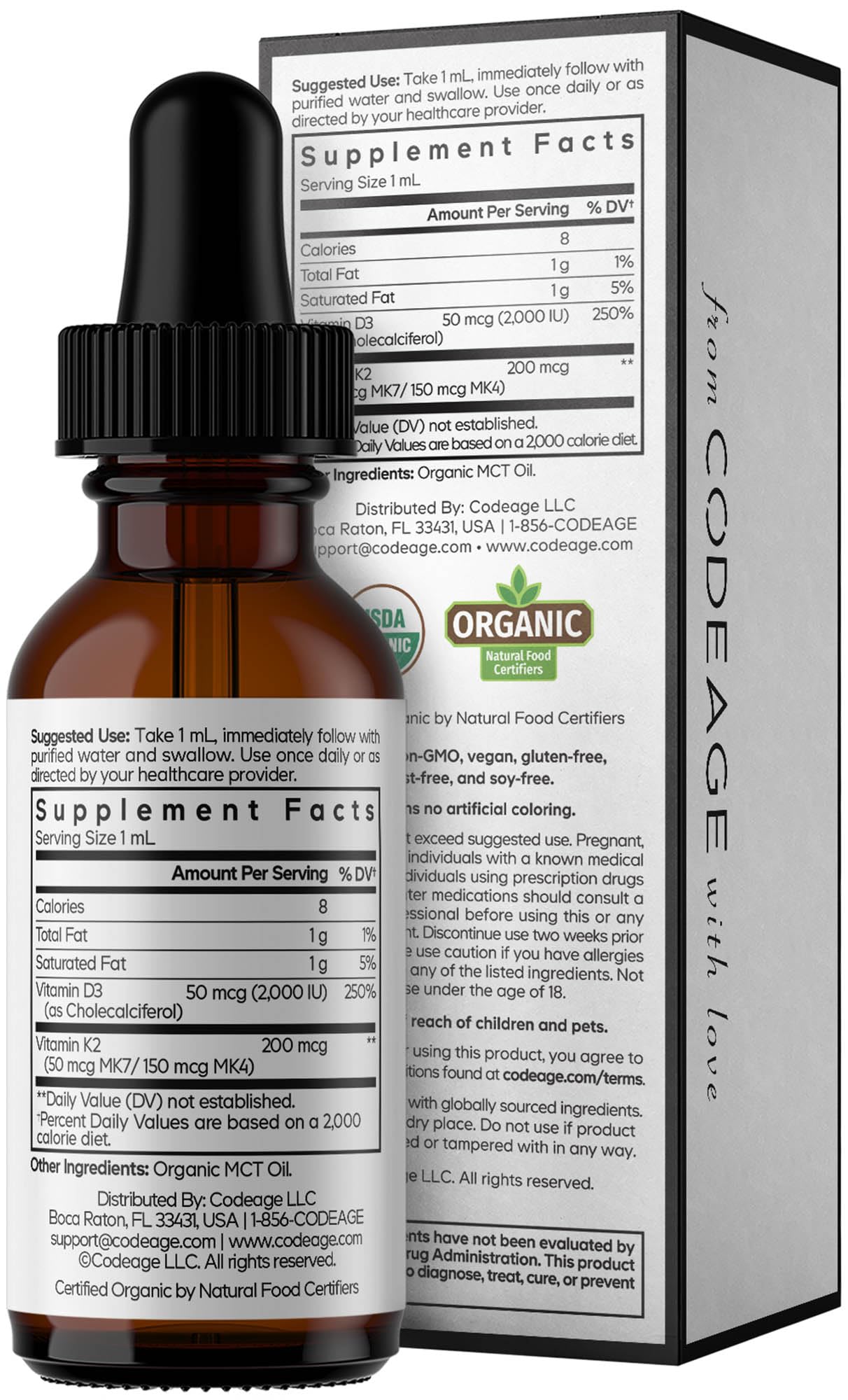 Codeage Liquid D3+K2 Vitamins USDA Organic - Vitamin D3 2000 IU, Vitamin K2 (MK4 & MK7) Liquid Drops - Immune Support - Unflavored - Organic MCT Oil - Non-GMO - 1 fl oz - Image 9